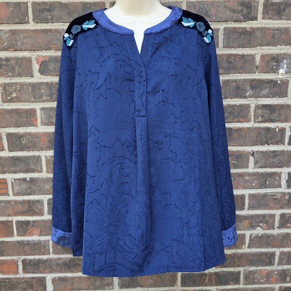 Chico's Size 2 I US 12 L Blue Jacquard Shirt Blouse Top Velour Embroidered Boho - Picture 1 of 6